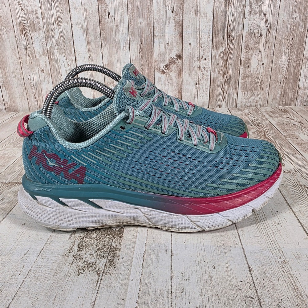 Hoka One One Clifton 5 Womens Teal Pink Running Shoes Sneakers 1093756 GSCN 7.5